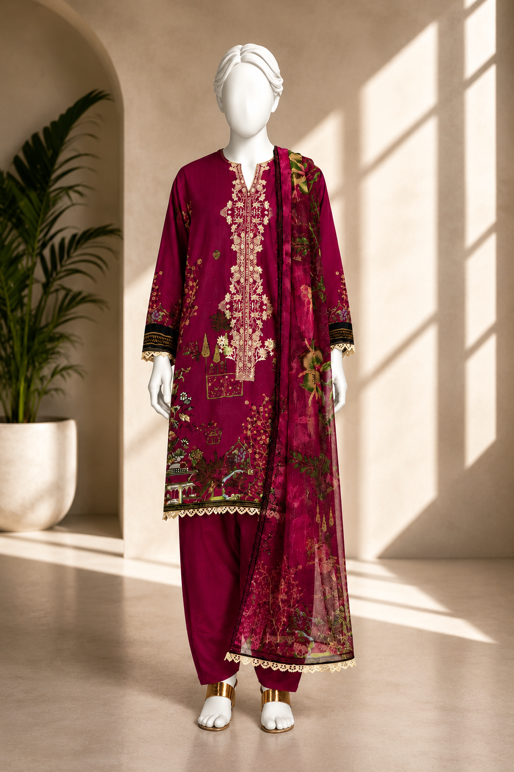 J. Emb. unstitched 3PC Lawn Suit J-26-1100