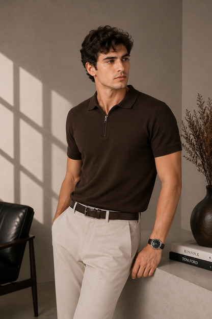 Signature Zip Polo-Chocolate