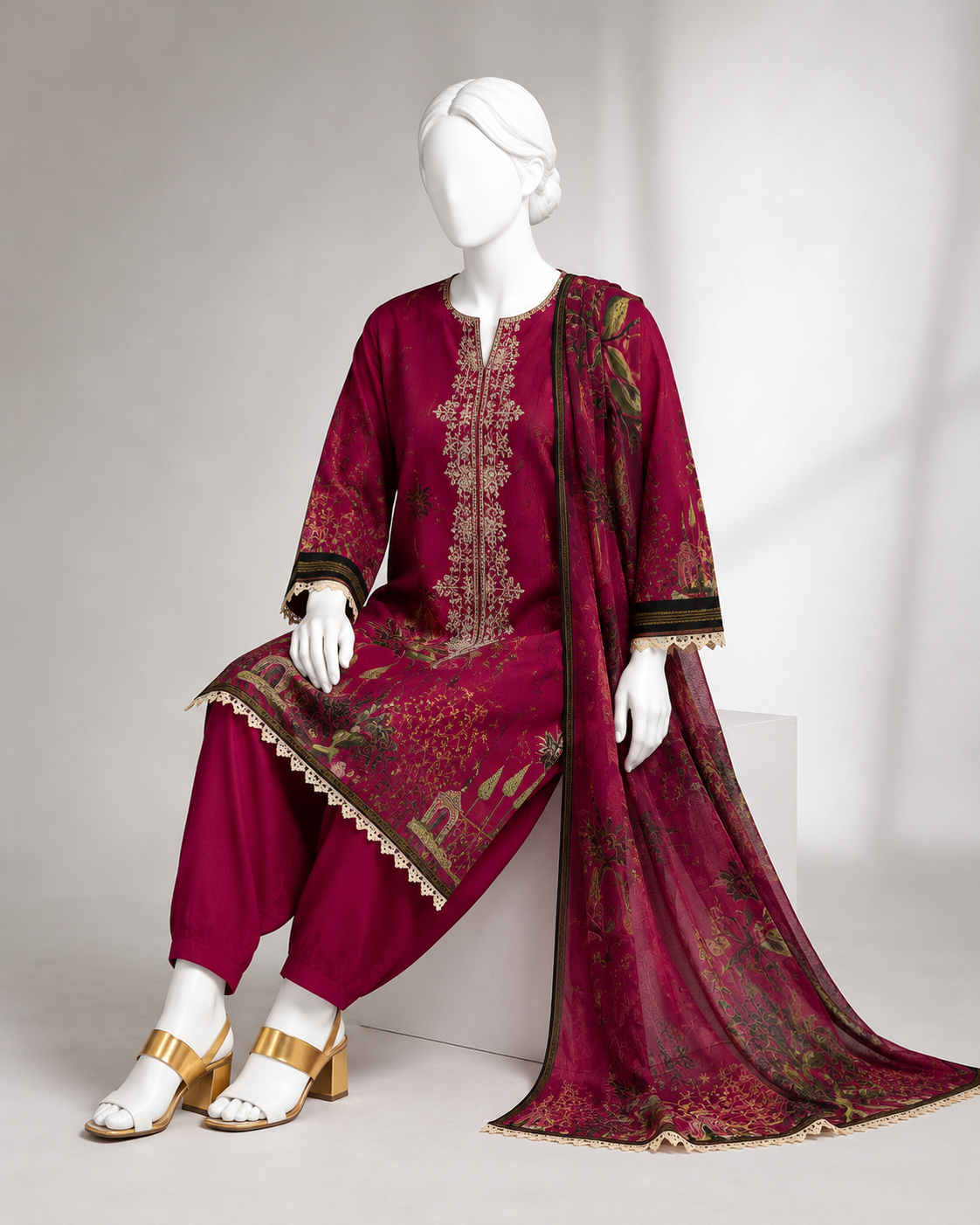 J. Emb. unstitched 3PC Lawn Suit J-26-1100