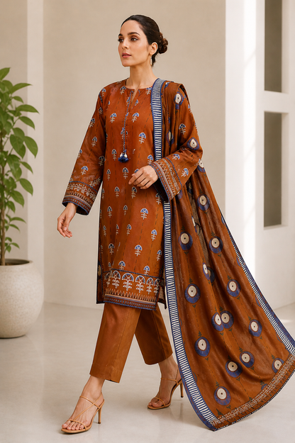 Alkram 3 Piece Unstitched Premium Lawn Suit A-1