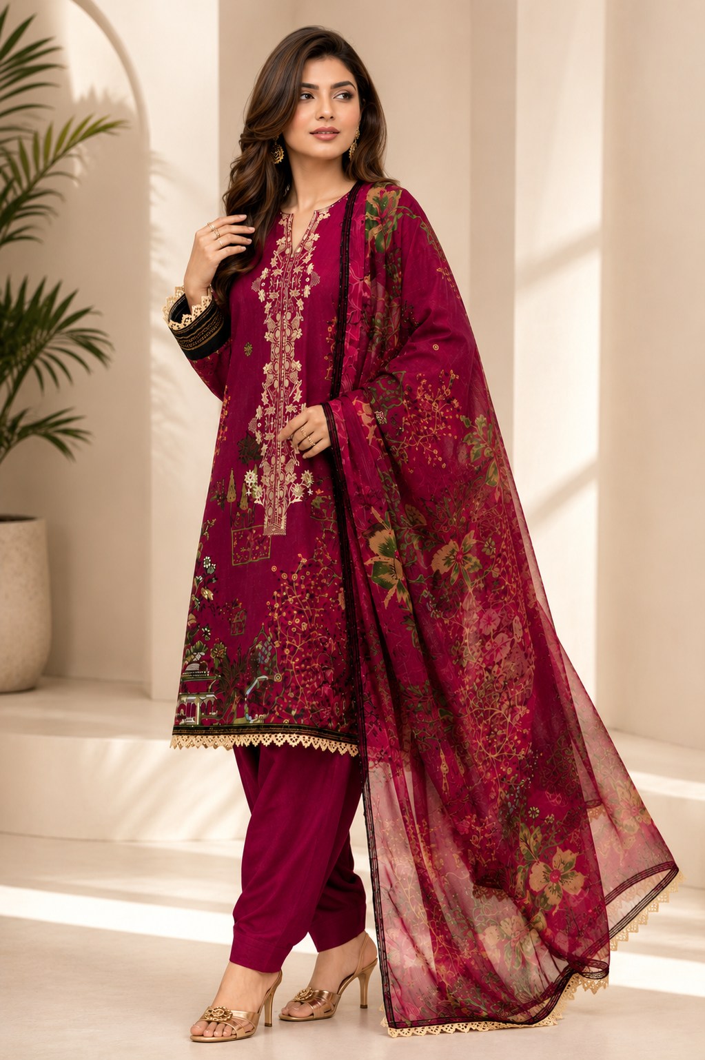 J. Emb. unstitched 3PC Lawn Suit J-26-1100