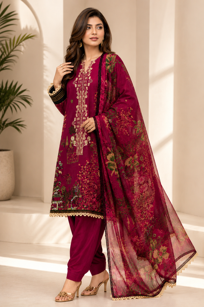 J. Emb. unstitched 3PC Lawn Suit J-26-1100