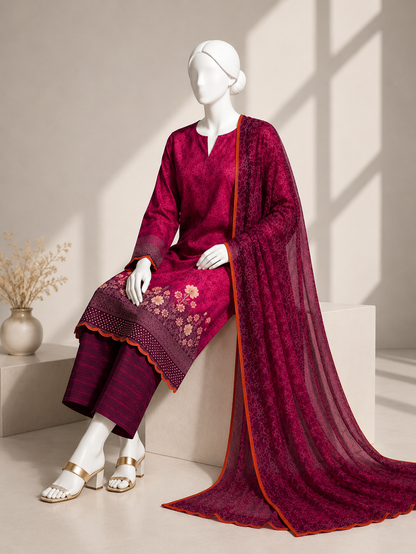 J. Emb. unstitched 3PC Lawn Suit J-26-1098