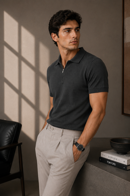 Signature Zip Polo - Charcoal