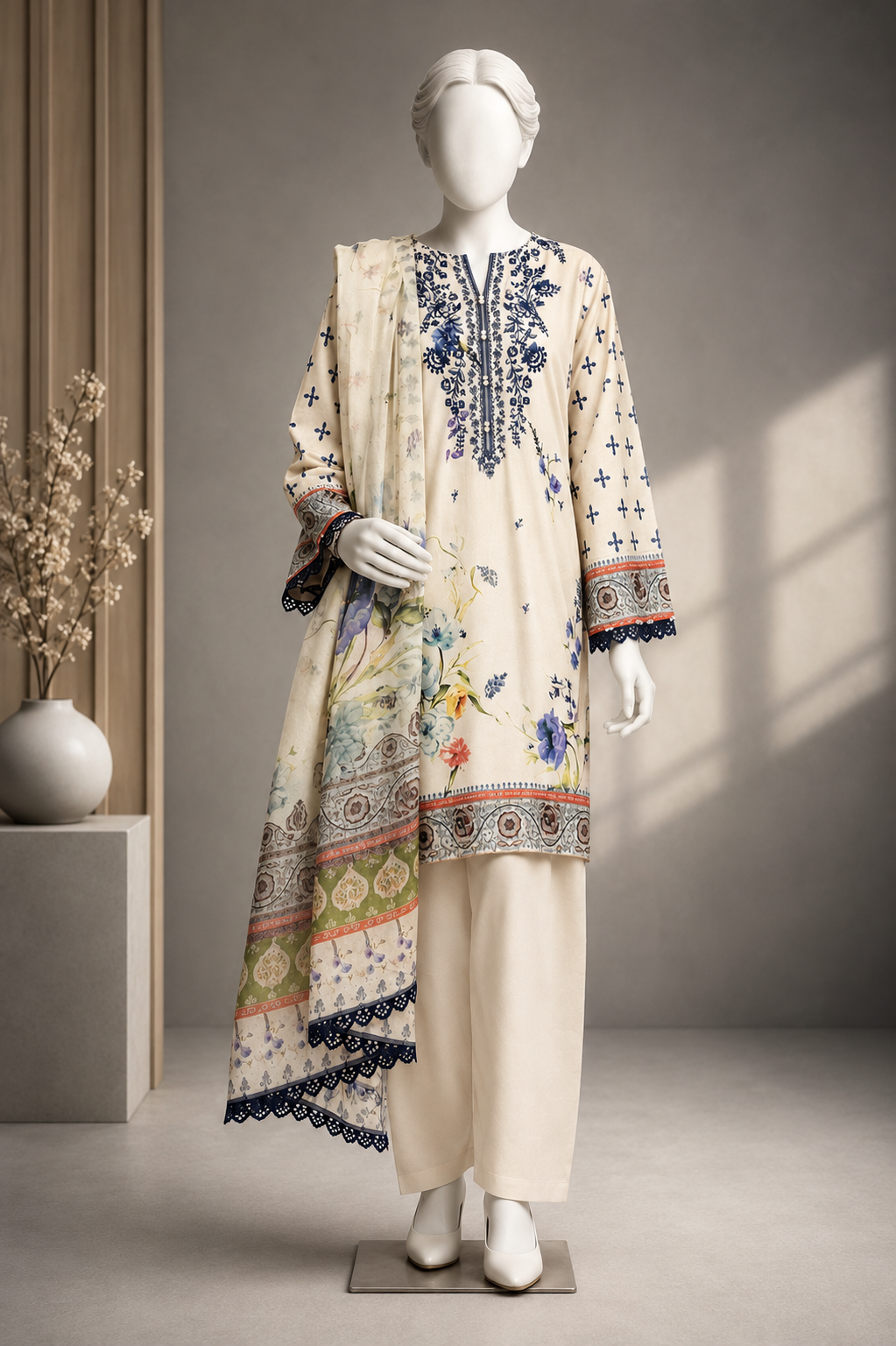 J. Emb. unstitched 3PC Lawn Suit JL-26-1096