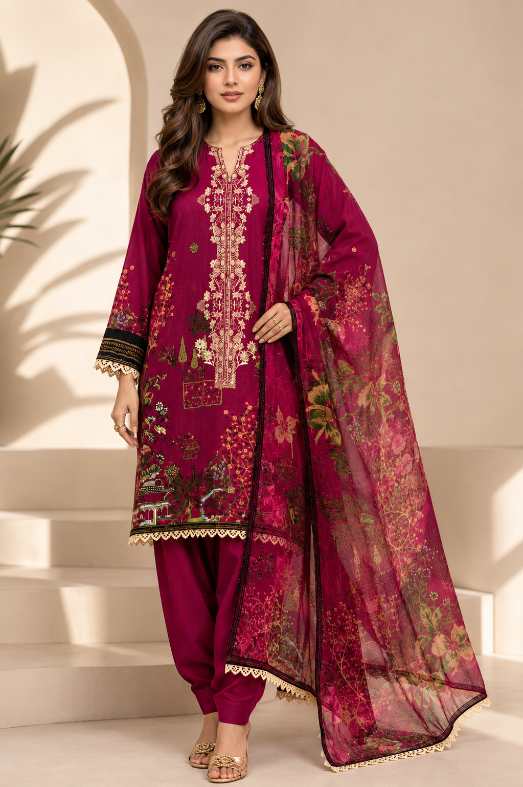 J. Emb. unstitched 3PC Lawn Suit J-26-1100