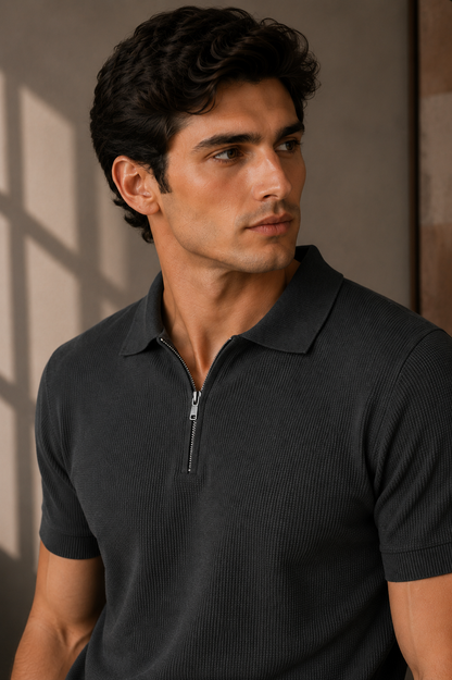 Signature Zip Polo - Charcoal