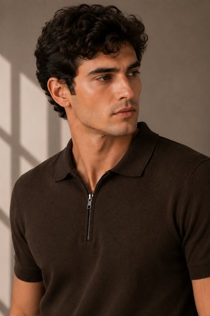 Signature Zip Polo-Chocolate