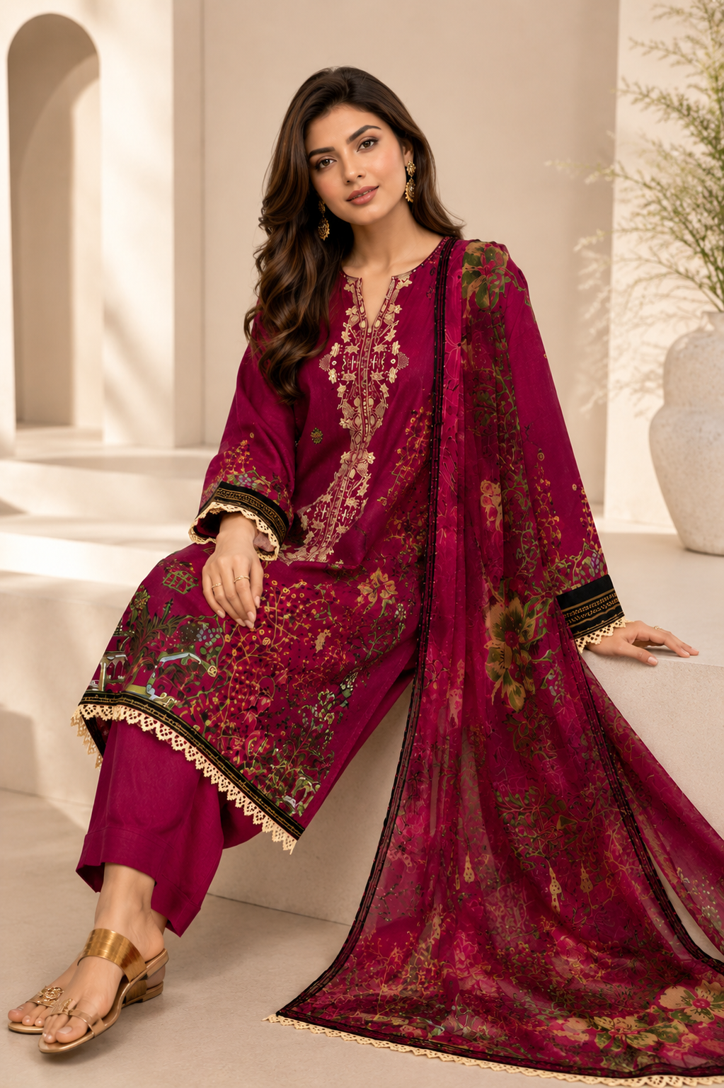 J. Emb. unstitched 3PC Lawn Suit J-26-1100