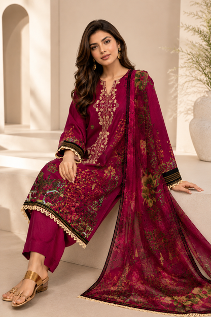 J. Emb. unstitched 3PC Lawn Suit J-26-1100