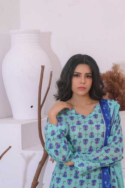 Shifona – 3-Piece Stitched Lawn Suit – Aqua Bloom