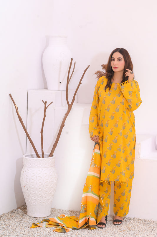 Shifona – 3-Piece Stitched Lawn Suit – Mustard Bloom