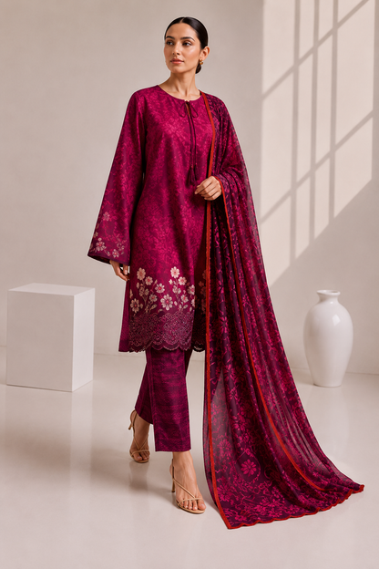 J. Emb. unstitched 3PC Lawn Suit J-26-1098