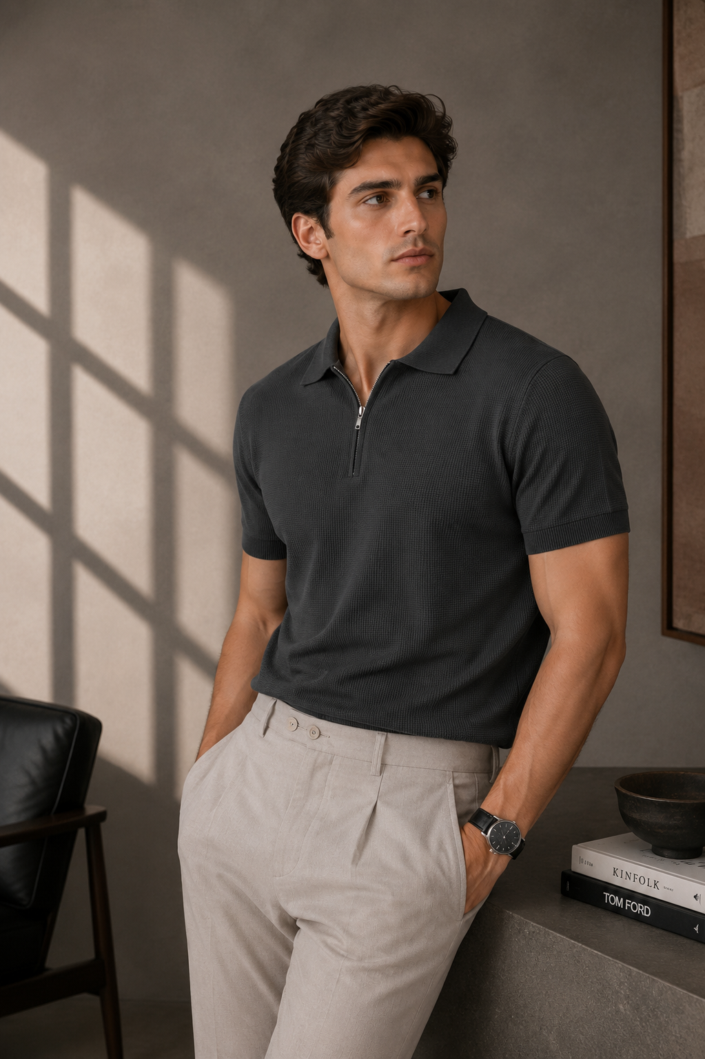 Signature Zip Polo - Charcoal
